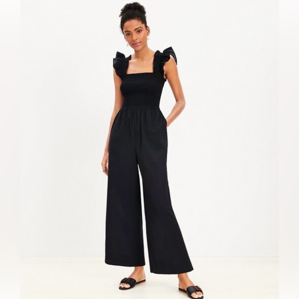 LOFT Beach Ruched Wide Leg Jumpsuit for Black with pockets. 100% cotton
